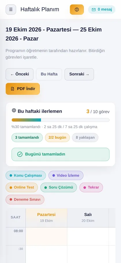 Telefonda haftalık plan ekranı