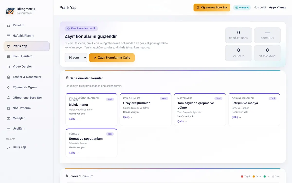 Konu bazlı pratik soru çözüm ekranı